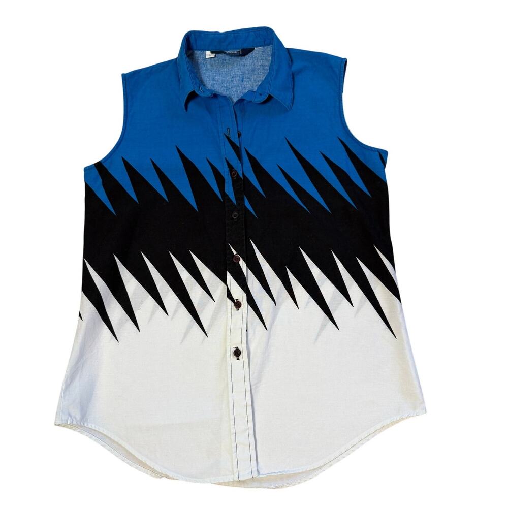 Brooks & Dunn Collection Black White & Blue Button-Down Sleeveless Shirt